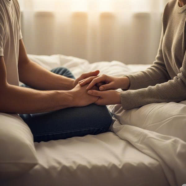 Hình ảnh cặp đôi nắm tay nhau đầy yêu thương, thể hiện sự đồng cảm và hỗ trợ trong hành trình tìm lại ham muốn cho phụ nữ sau sinh.